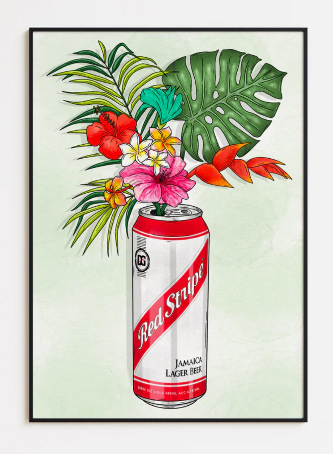 RED STRIPE AND TROPICAL FLOWERS