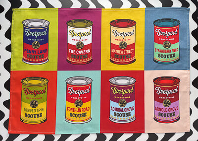 JONES ART X ISAAC’S BAZAAR SCOUSE CANS BEATLES EDIT TEA TOWEL
