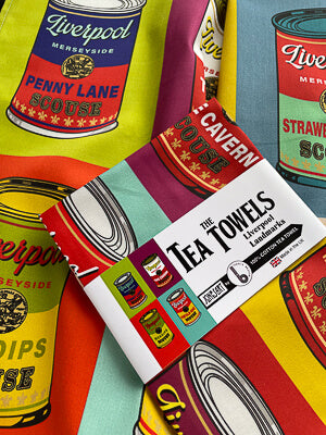 JONES ART X ISAAC’S BAZAAR SCOUSE CANS BEATLES EDIT TEA TOWEL