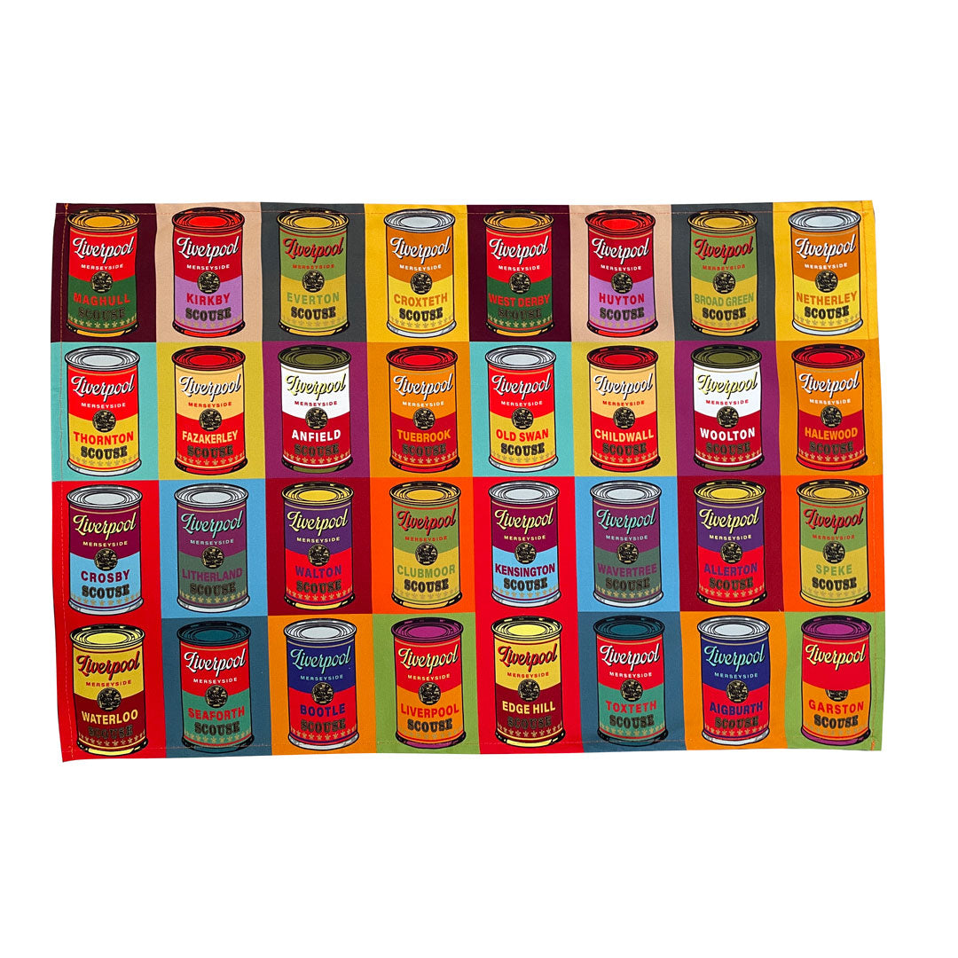 JONES ART X ISAAC’S BAZAAR SCOUSE CANS TEA TOWEL