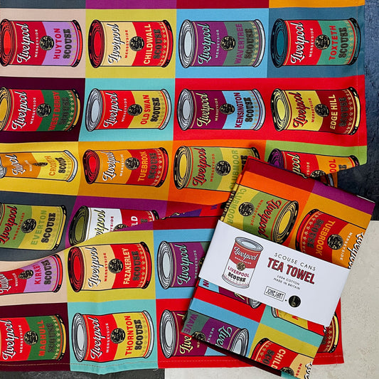 JONES ART X ISAAC’S BAZAAR SCOUSE CANS TEA TOWEL