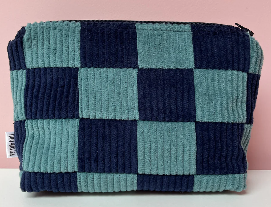 SEAFOAM AND NAVY CHECKERBOARD LARGE POUCH
